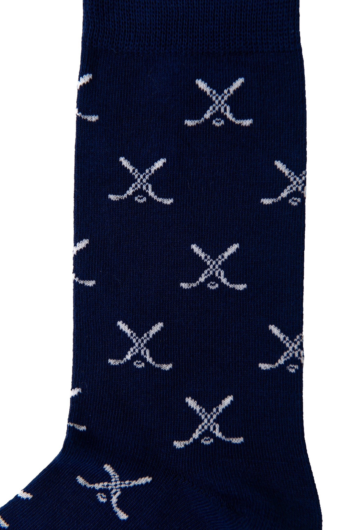 Close-up of a dark blue Crossed Ice Hockey Sock featuring a repeating white crossed swords pattern, perfect for adding a game-inspired style to your wardrobe.