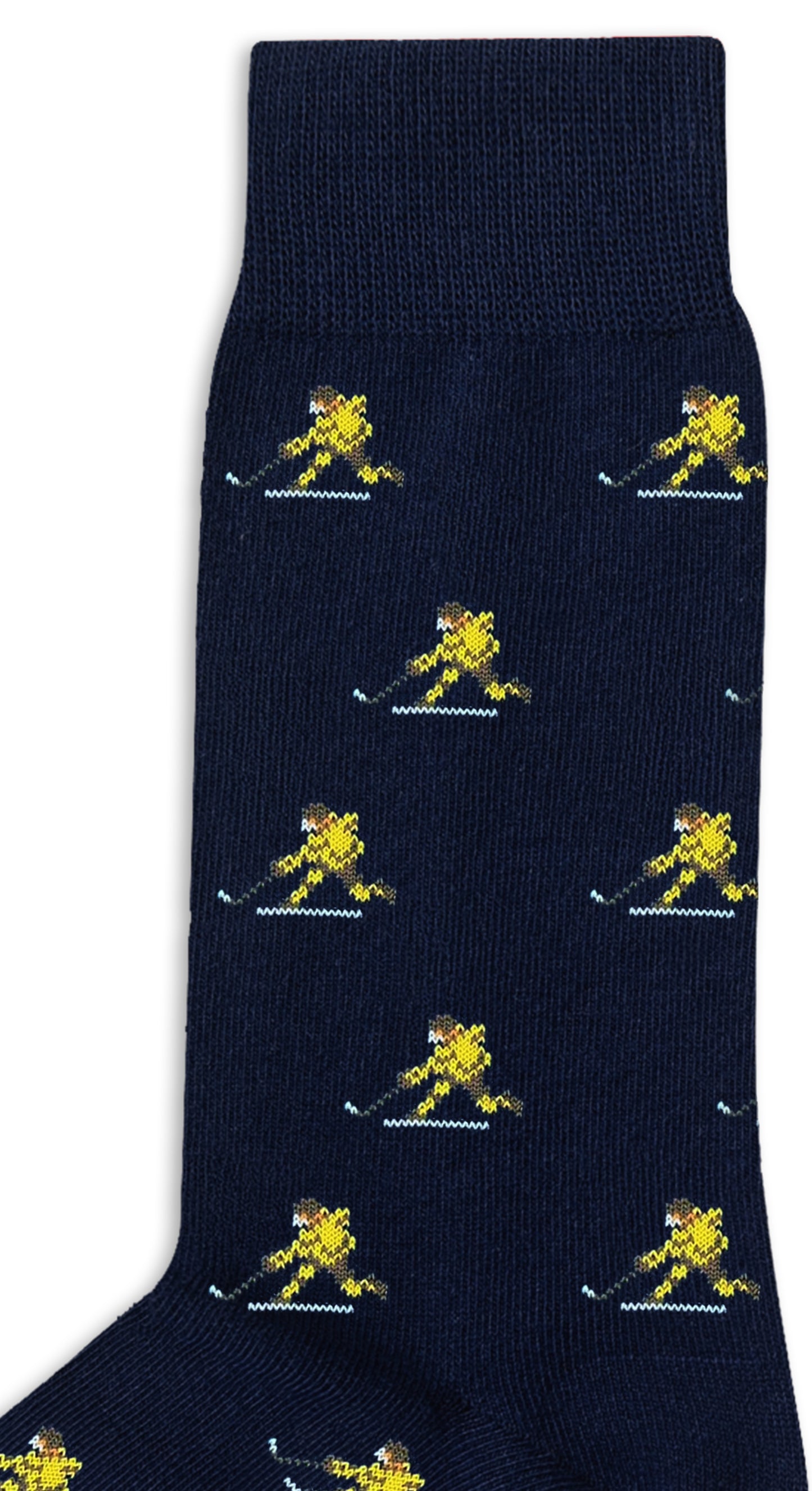 Ice Hockey Shot Socks in navy blue, decorated with a repeating pattern of yellow bears playing hockey with blue sticks and white pucks—perfect for adding top-shelf energy to your stride.