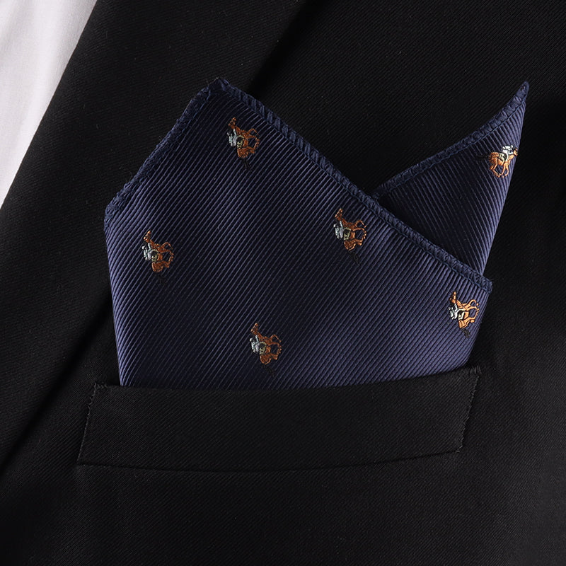 A Horse Racing Pocket Square in navy with small embroidered patterns is neatly folded in a black suit jacket pocket—ideal for the Melbourne Cup, available only at AusCufflinks.