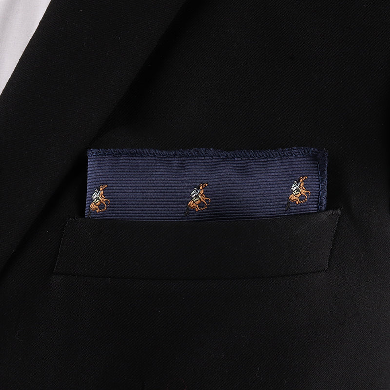 A close-up of the Horse Racing Pocket Square featuring small embroidered horse motifs, stylishly displayed in a black suit jacket pocket—ideal for Melbourne Cup fashion.