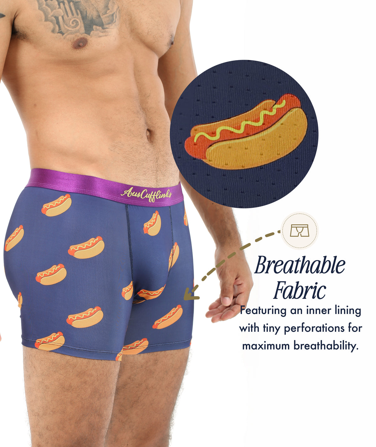 A man wears Hotdog Underwear with a playful hot dog print; a close-up shows the quirky design and breathable, moisture-wicking fabric. Text highlights airy perforations and comfort-focused features of these fun boxers.