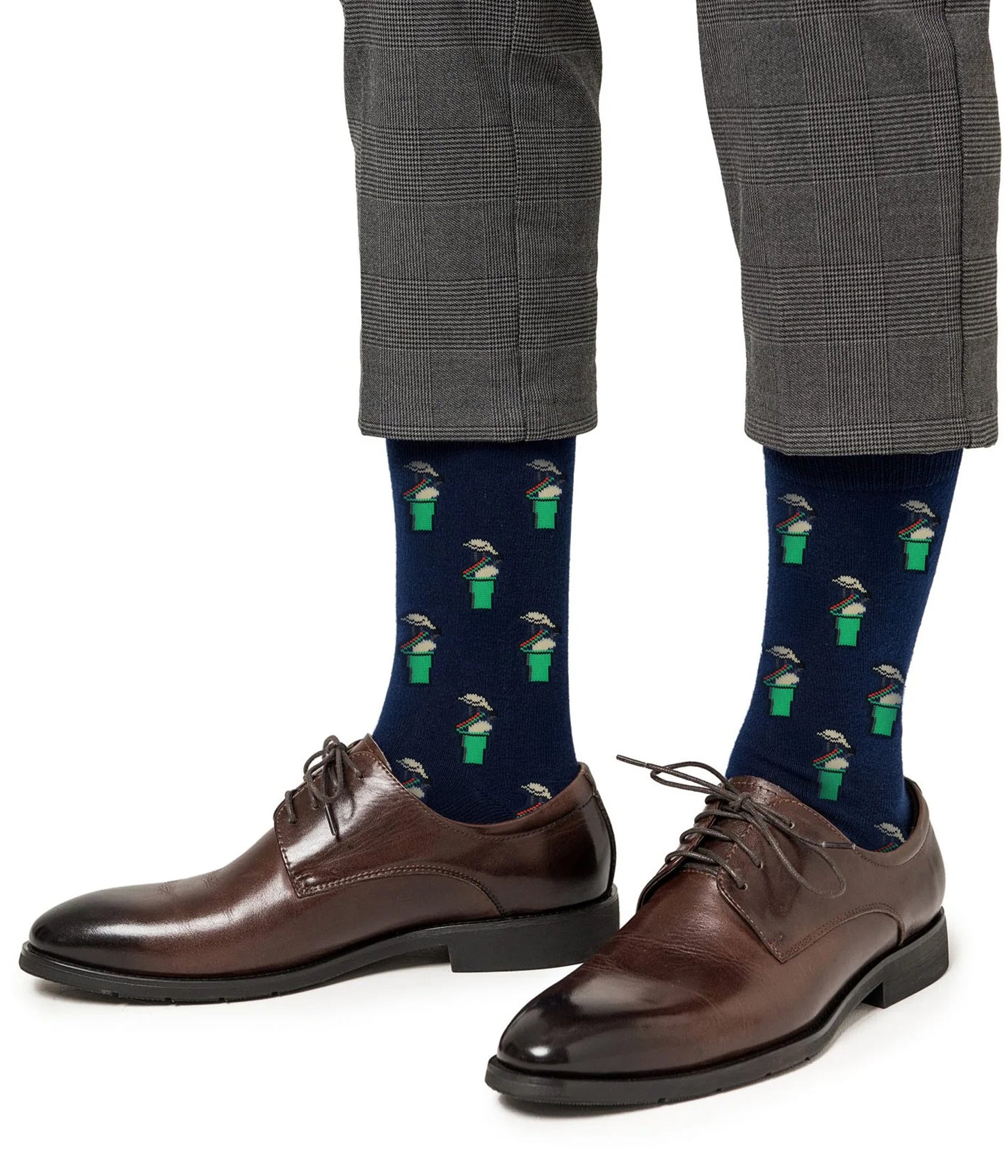 A person wearing brown dress shoes, gray plaid pants, and Basketball Backboard Socks (Copy)—navy blue socks with a cartoon bird in a green top hat—a fun and unique basketball gift.