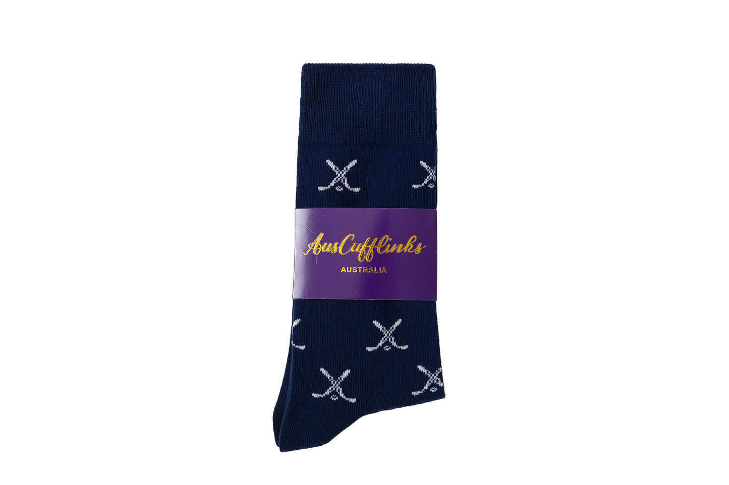 Navy blue sock featuring a gray crossed ice hockey sticks pattern, blending style and performance, branded with "AustCufflinks Australia" on a purple label.