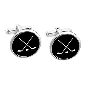 Ice Hockey Cufflinks: Round cufflinks with a black face featuring a white design of crossed hockey sticks and a puck—an ideal, timeless gift for hockey fans.