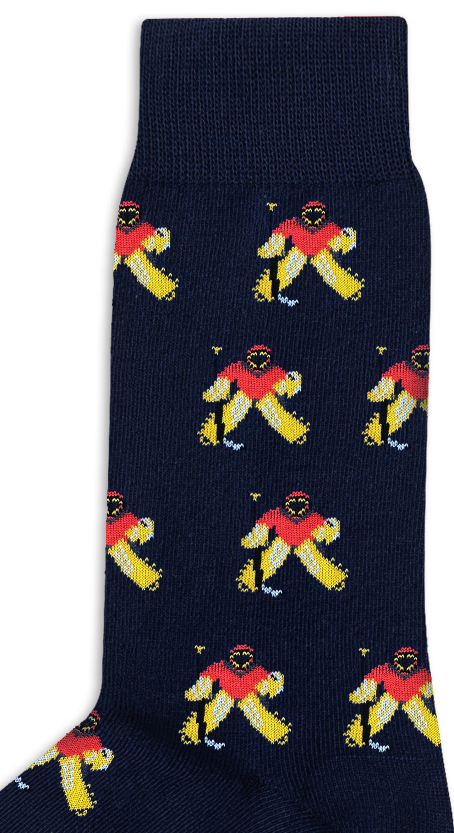 The Ice Hockey Goalie Socks are navy blue, featuring a repeating cartoon figure with yellow skirt, red top, and black hair, designed for breathable durability and pro-level comfort.