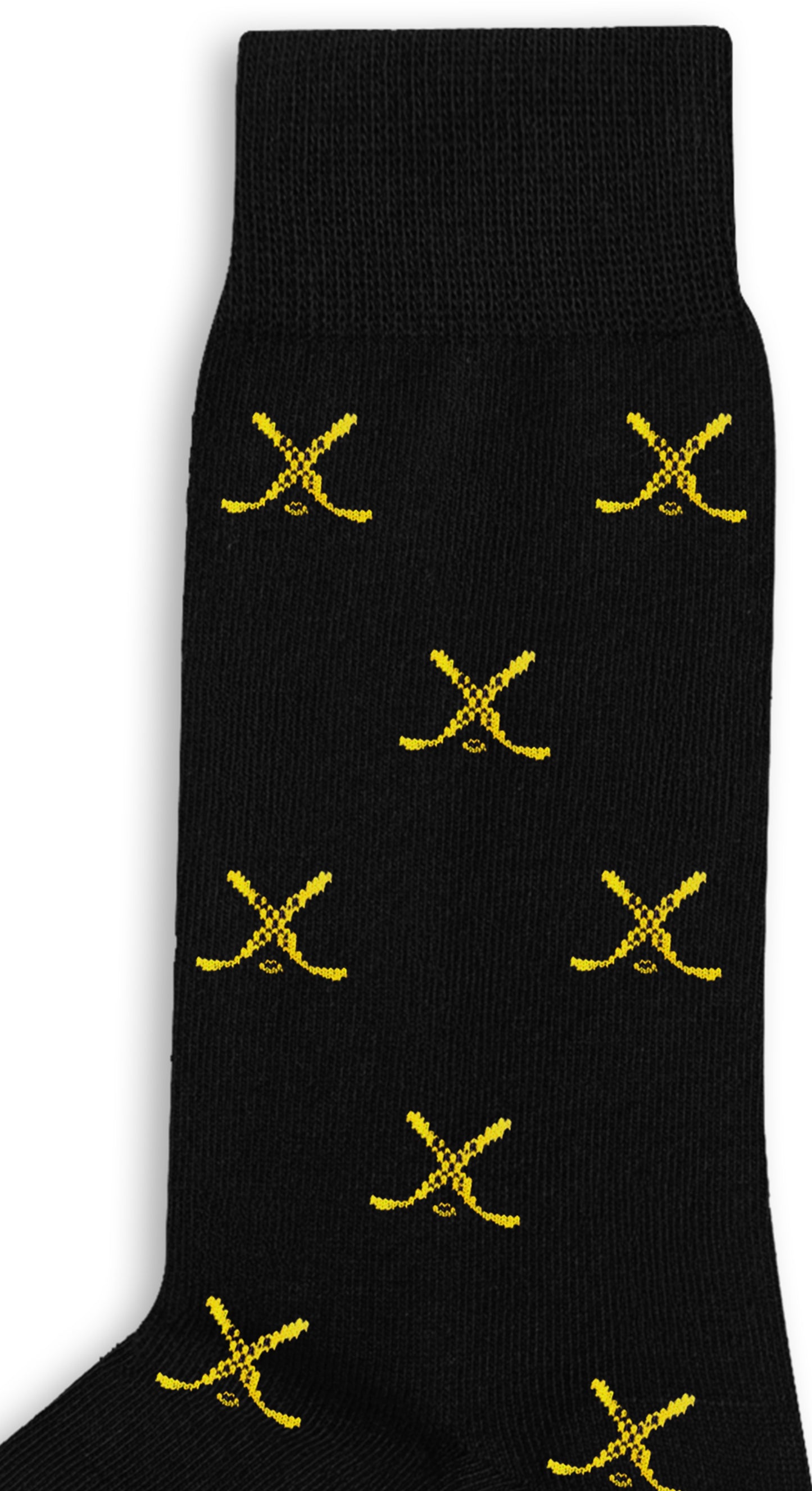 The Yellow and Navy Ice Hockey Cross Socks feature a black base with repeating small yellow crossed sabers, offering moisture-wicking comfort to keep your feet dry all day.