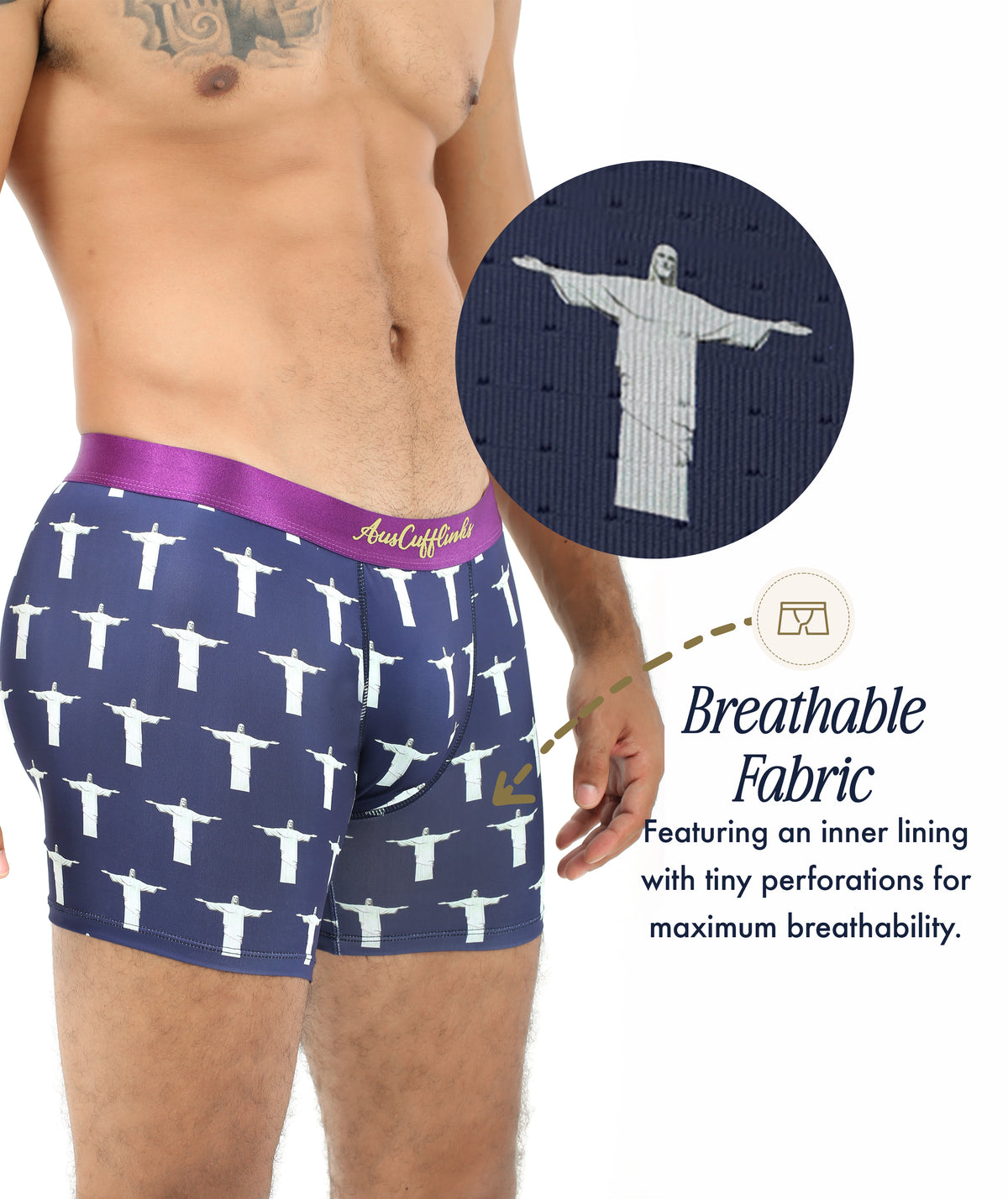 A person wears navy blue Jesus Underwear featuring white Christ the Redeemer statues, with a close-up highlighting the fabric’s tiny perforations for breathability.