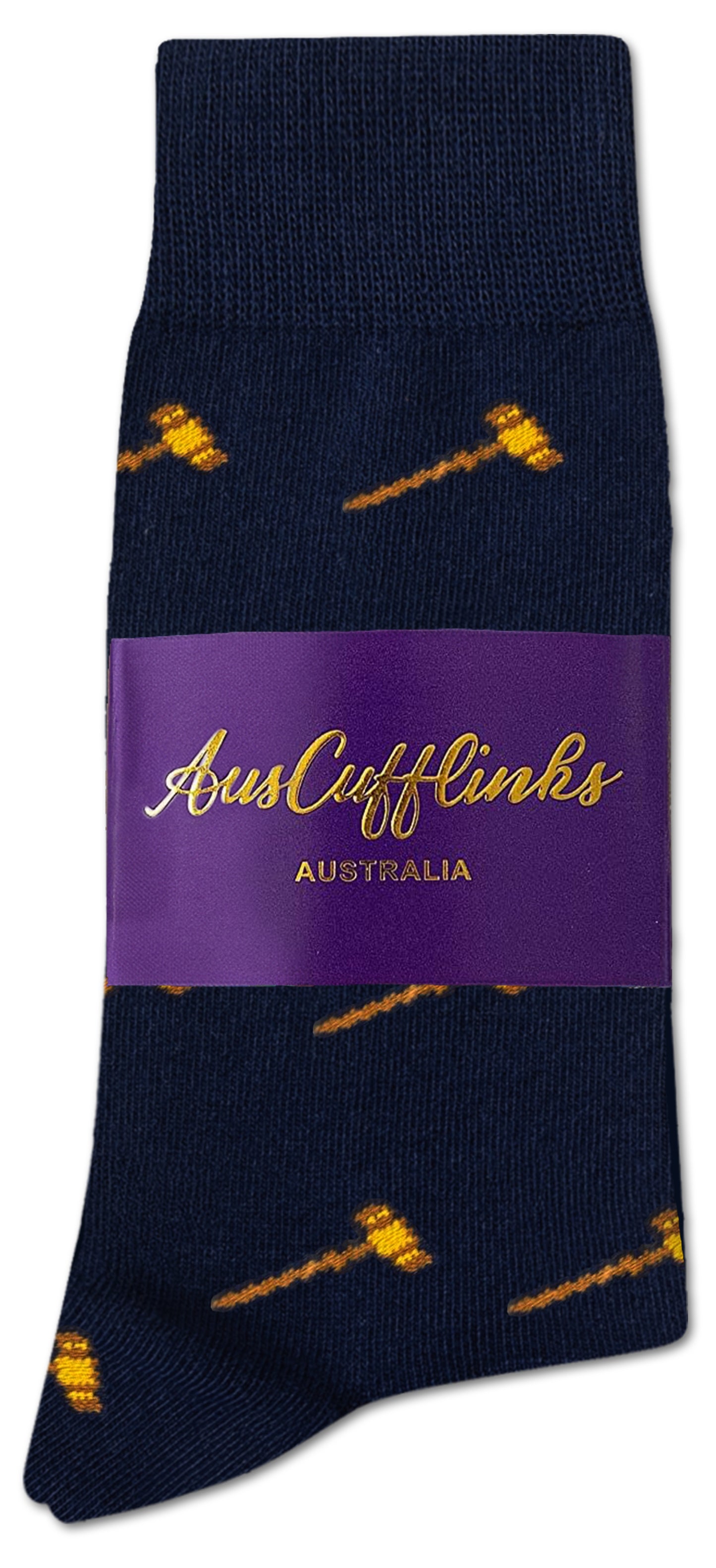 Gavel Socks: Navy blue socks with yellow gavel patterns, wrapped in a purple AusCufflinks Australia label.