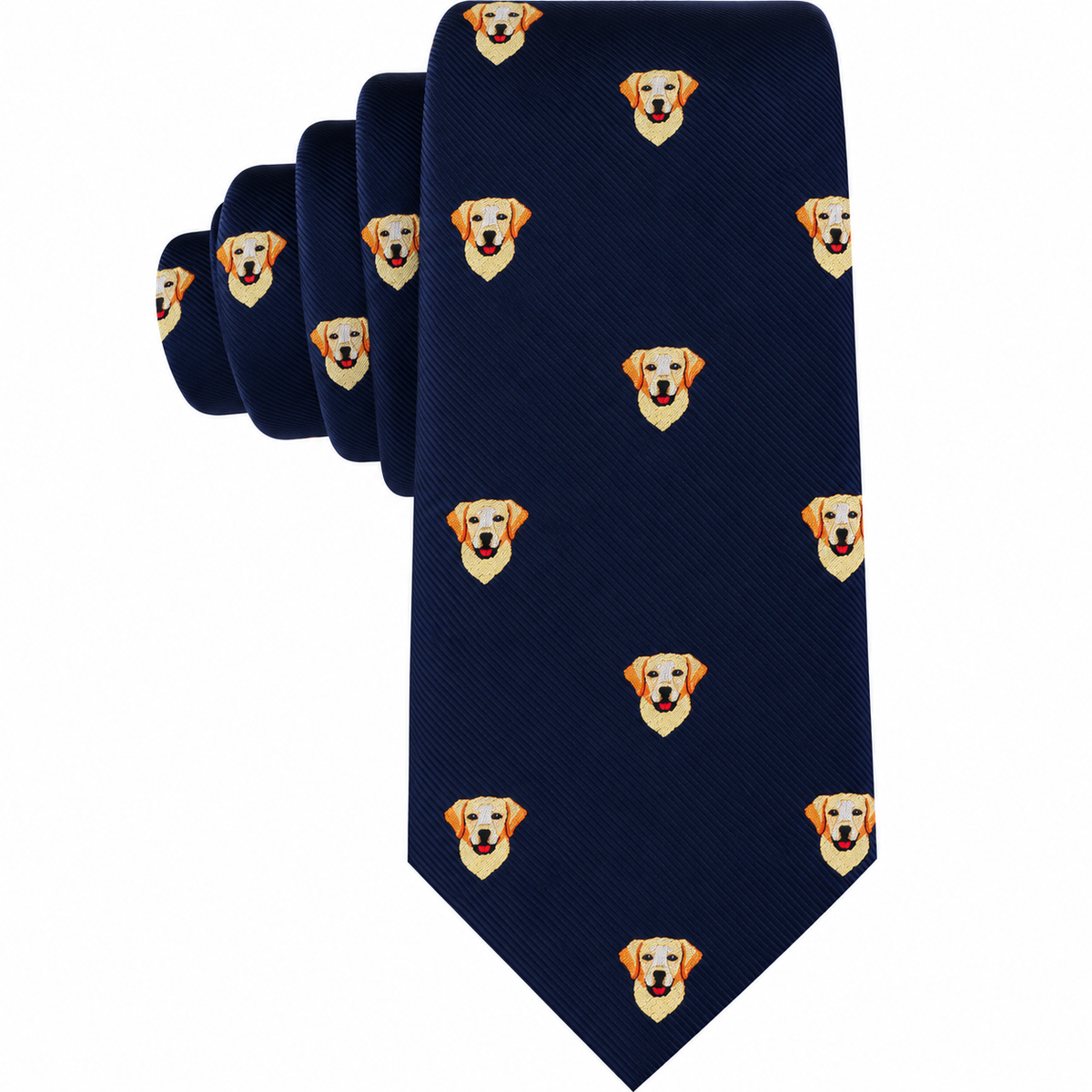 Labrador Dog Skinny Tie in dark blue with a repeating pattern of yellow Labrador retriever faces.