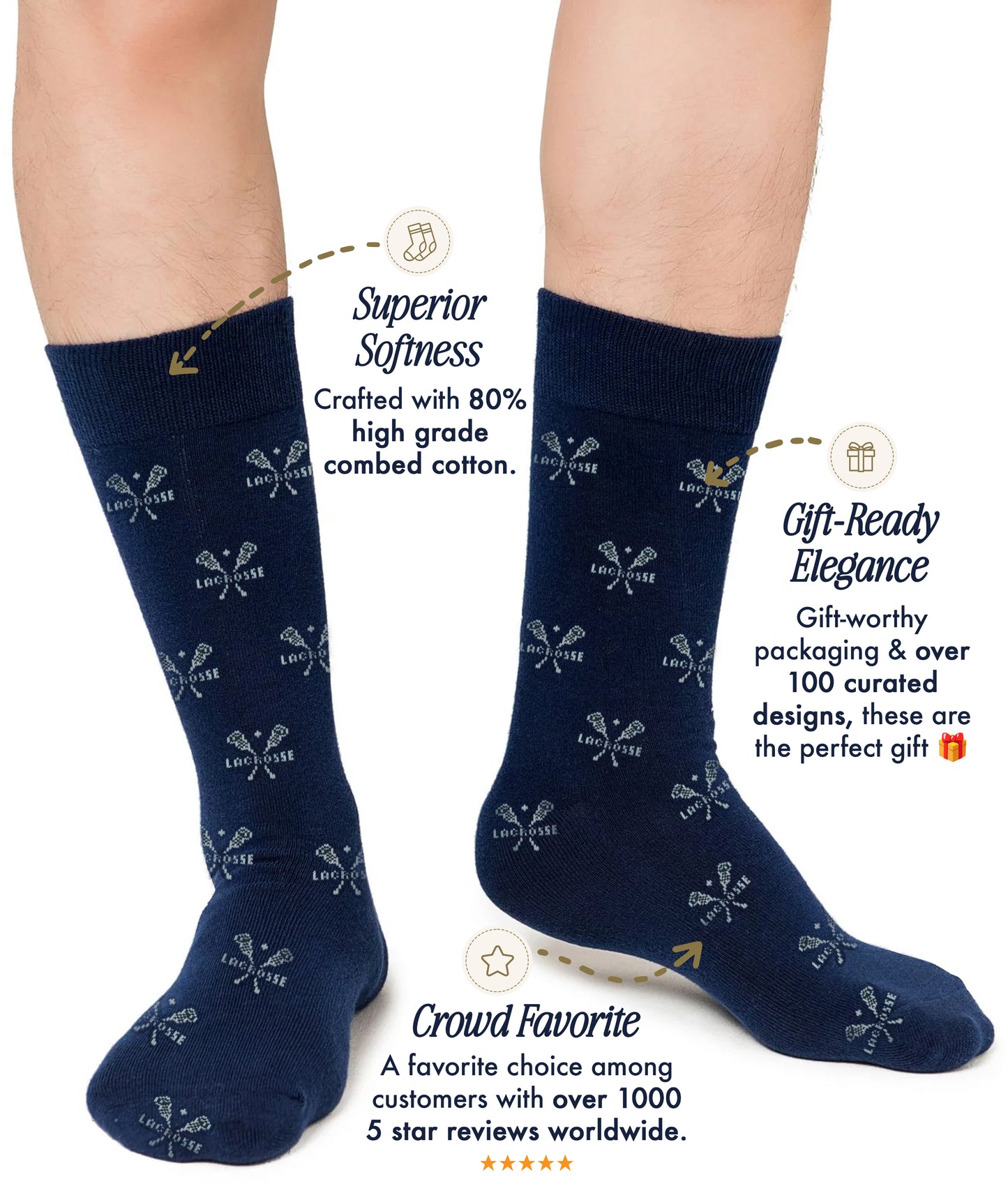Ice Hockey Shot Socks (Copy): Navy blue socks with white crossed golf club patterns, known for their softness and gift packaging. Highly rated by customers—these Ice Hockey Shot Socks add goal-getter vibes to your wardrobe!.
