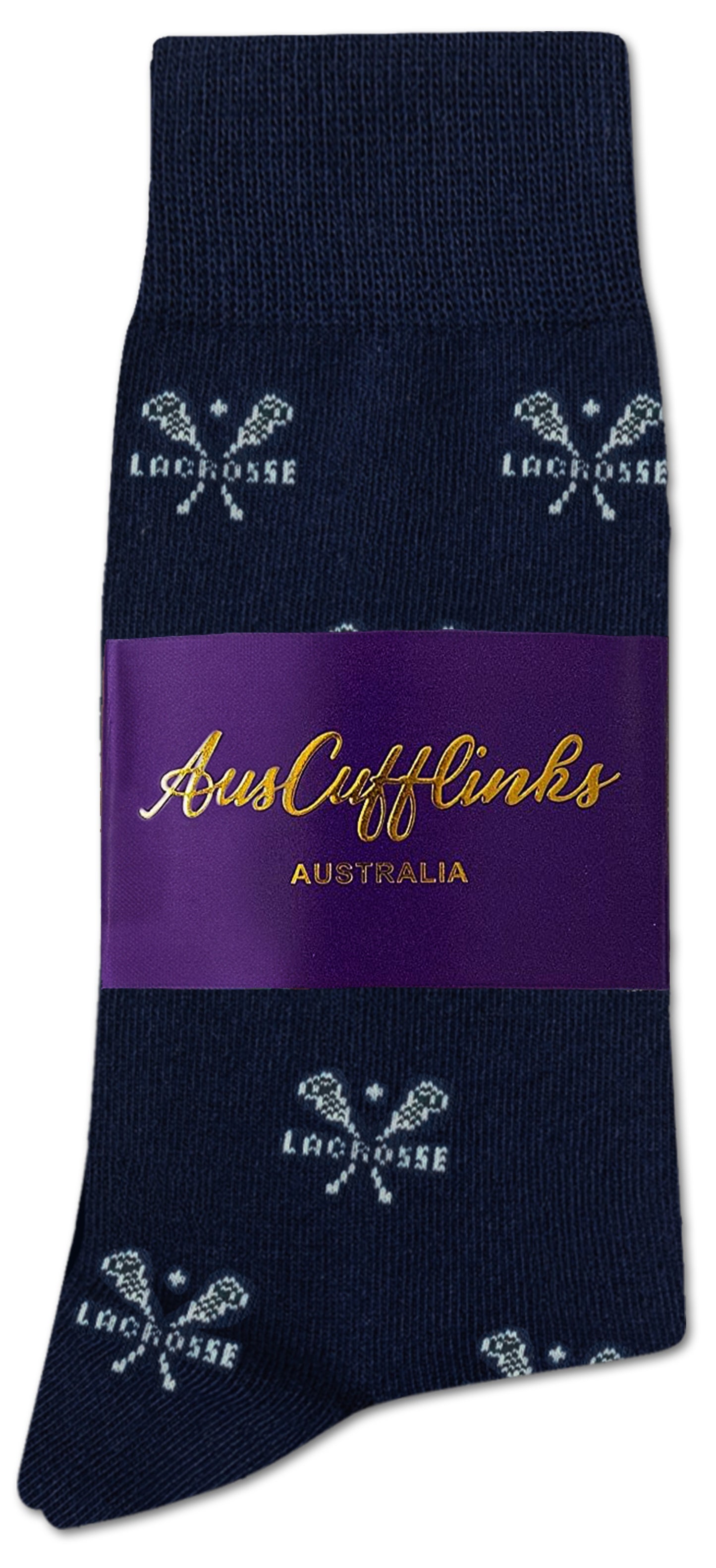 Ice Hockey Shot Socks (Copy): Navy blue socks with crossed hockey stick patterns and "LACROSSE" text, packaged with a purple AusCufflinks Australia label—ideal for adding slapshot style to your daily outfit.