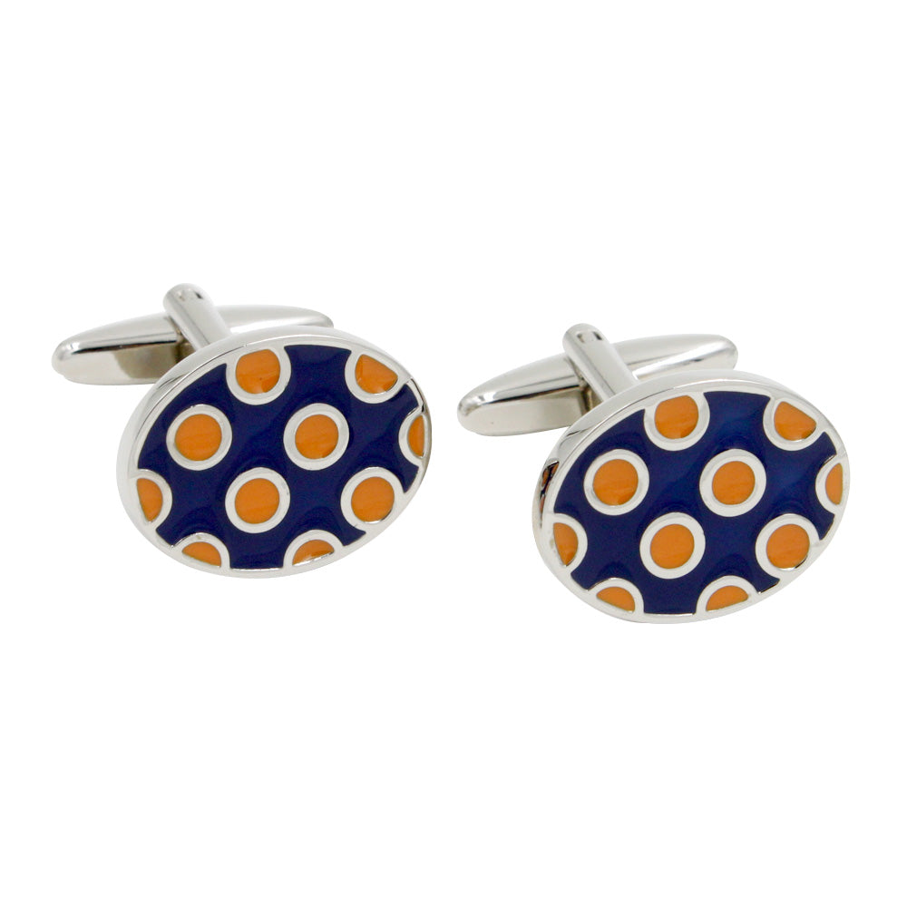 Explore the ideal accessory for the modern gentleman with AusCufflinks' Ladybug Orange Navy cufflinks, featuring a blue and orange polka dot design and elegant silver backing.