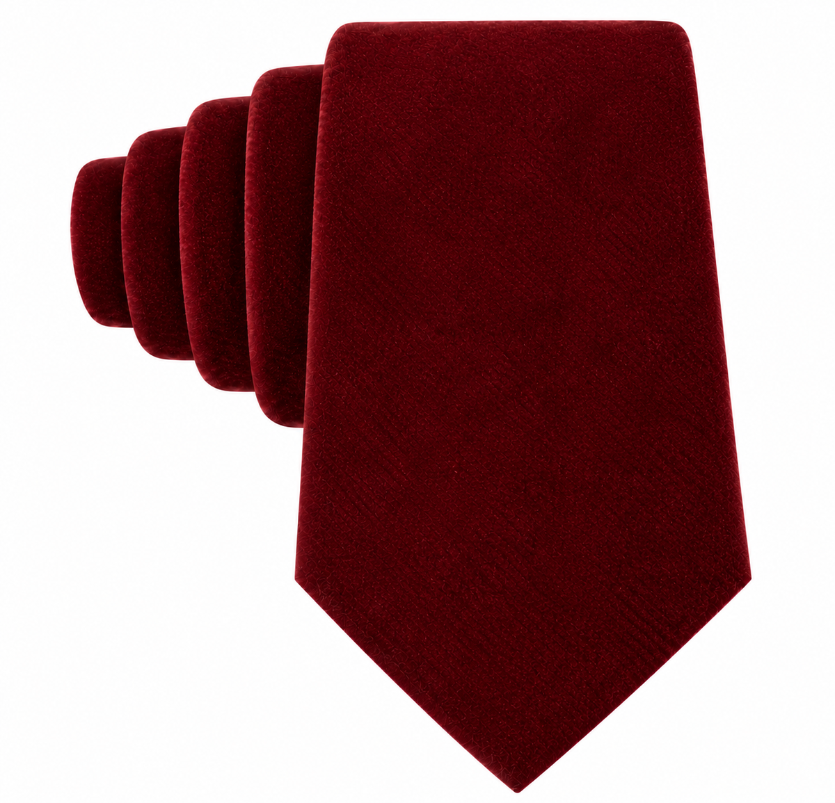 A set of five Maroon Velvet Skinny Ties displayed in an overlapping, fanned-out arrangement on a white background.