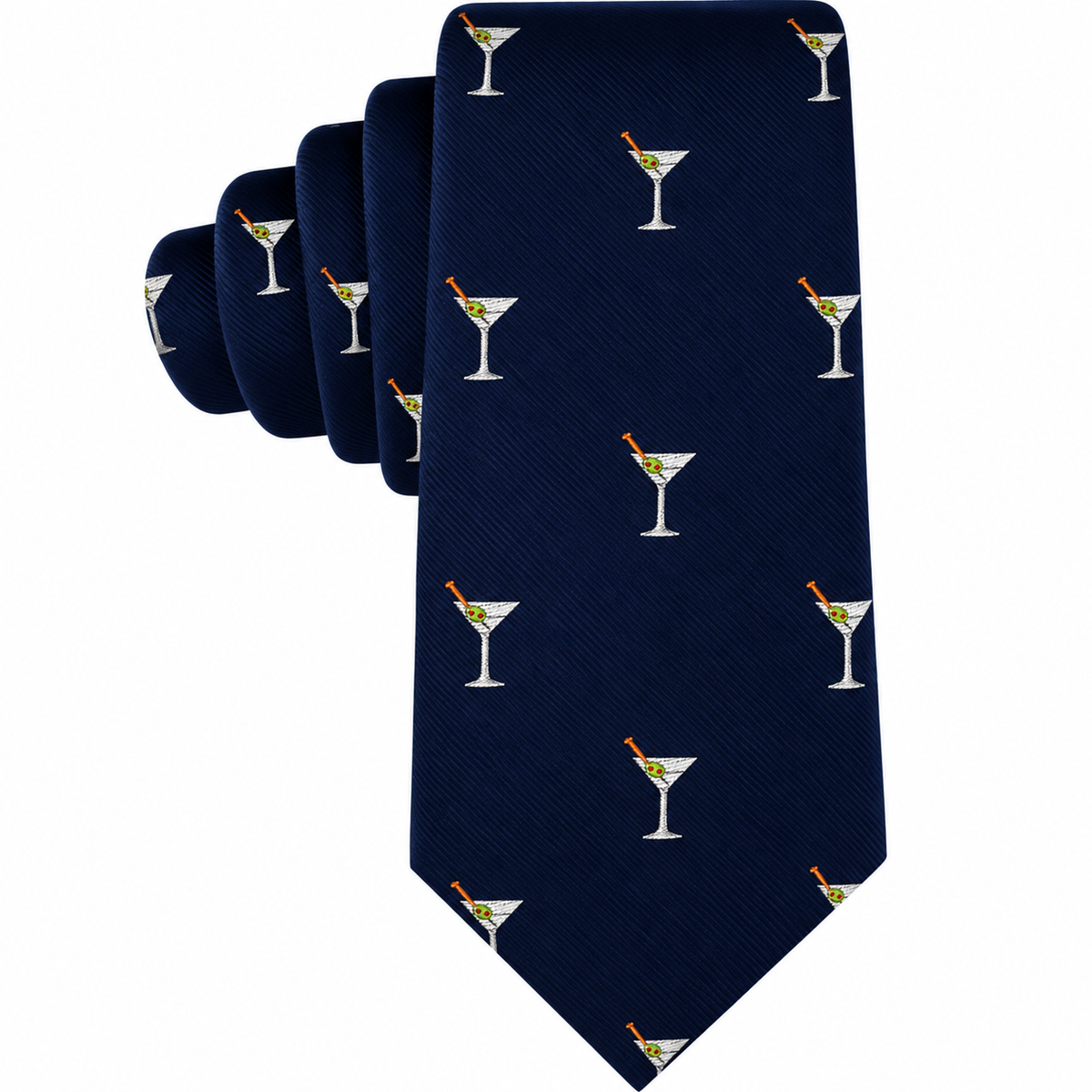 Martini Skinny Tie in navy blue with a repeating martini print.