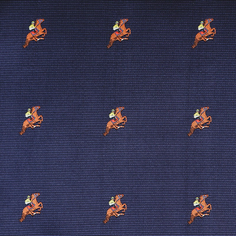 The Melbourne Race Horse Pocket Square features navy blue fabric with embroidered orange horses and yellow-saddled riders in a neat gridâa standout accessory for race day at the Melbourne Cup.