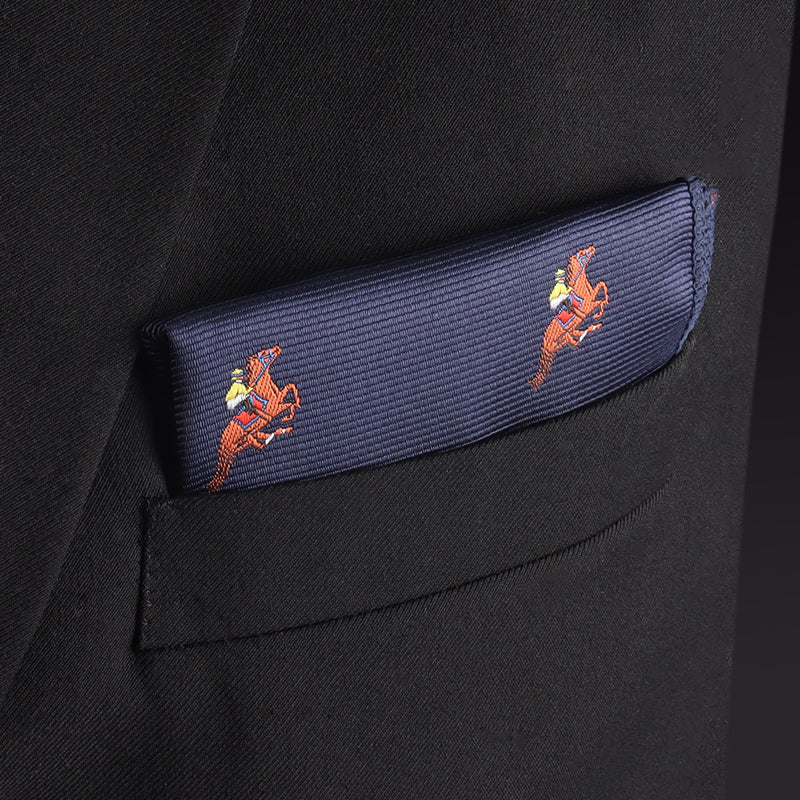 The Melbourne Race Horse Pocket Square in navy blue with red horse embroidery adds a stylish race-day touch to a black suit jacketâperfect as a Melbourne Cup accessory.
