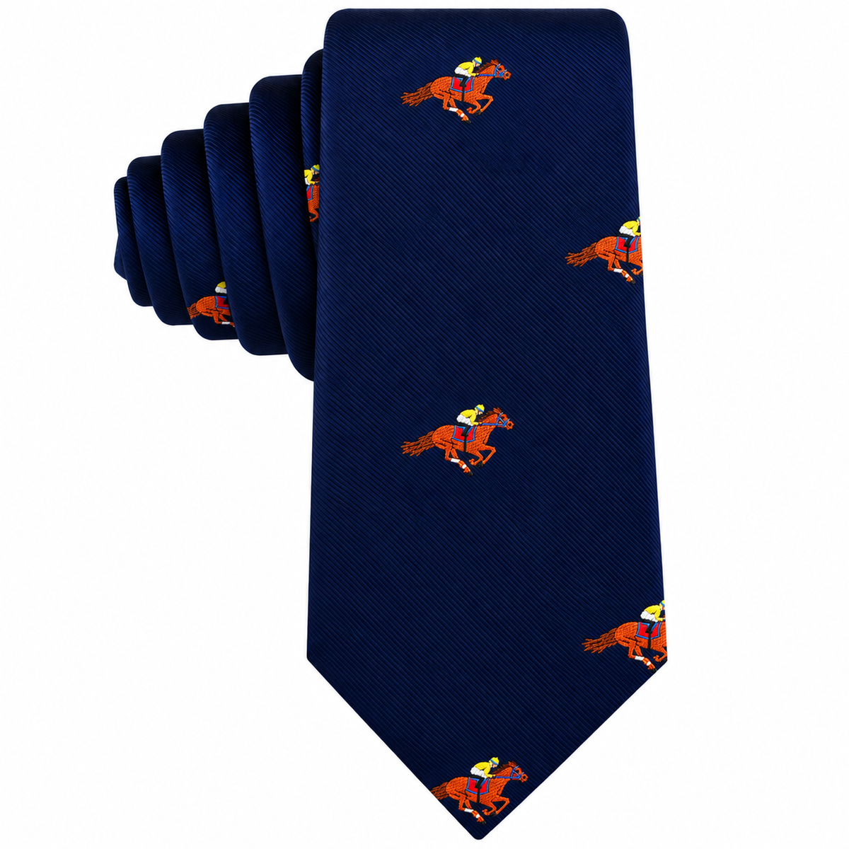 Melbourne Race Horse Skinny Tie in navy blue with a repeating print of racehorses and jockeys in yellow and red silks.