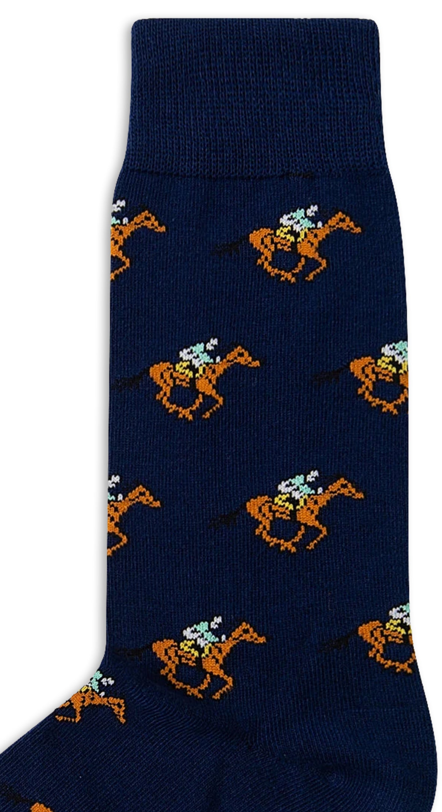 Horse Racing Socks: Navy blue equestrian socks with a repeating pattern of orange horses featuring green and white details, each horse ridden by a spear-holding jockey.