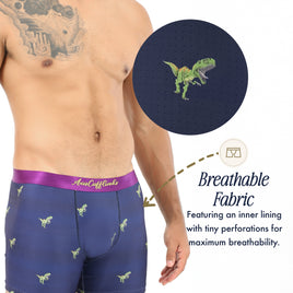A man models T-Rex Underwear—blue boxers with a small green T-Rex print. An inset shows tiny fabric perforations, and text highlights the breathable, moisture-wicking material.