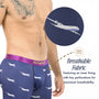 A man wears Airplane Underwear—navy boxers with a purple waistband and white airplane print; inset shows perforated, breathable fabric. Perfect for pilots, these unique boxers make ideal gifts for aviation enthusiasts.
