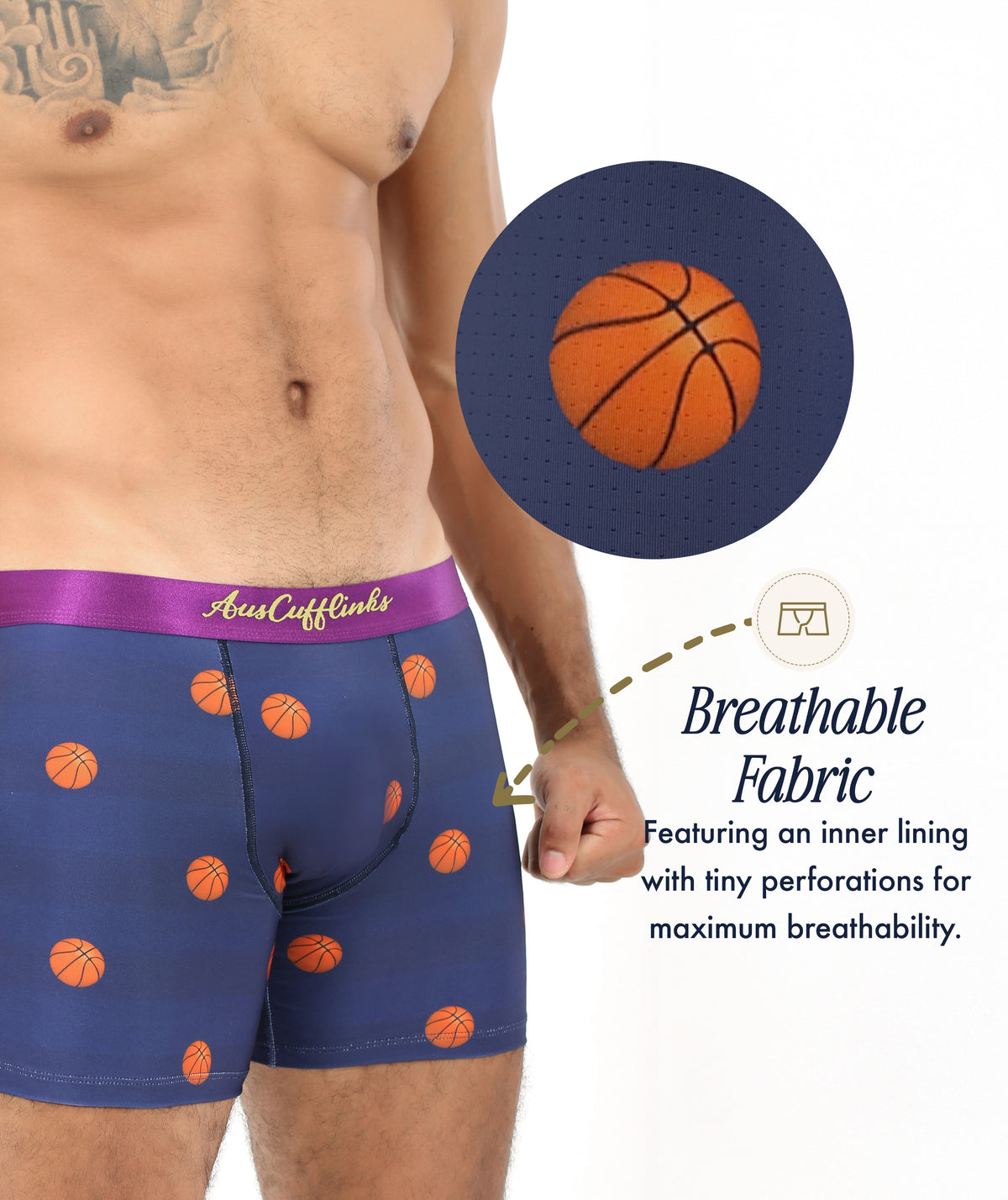 Man wears Basketball Underwear featuring a navy blue design with orange basketball prints. The breathable fabric and perforated inner lining deliver maximum airflow and comfort, making these athletic underwear ideal for sports activities.