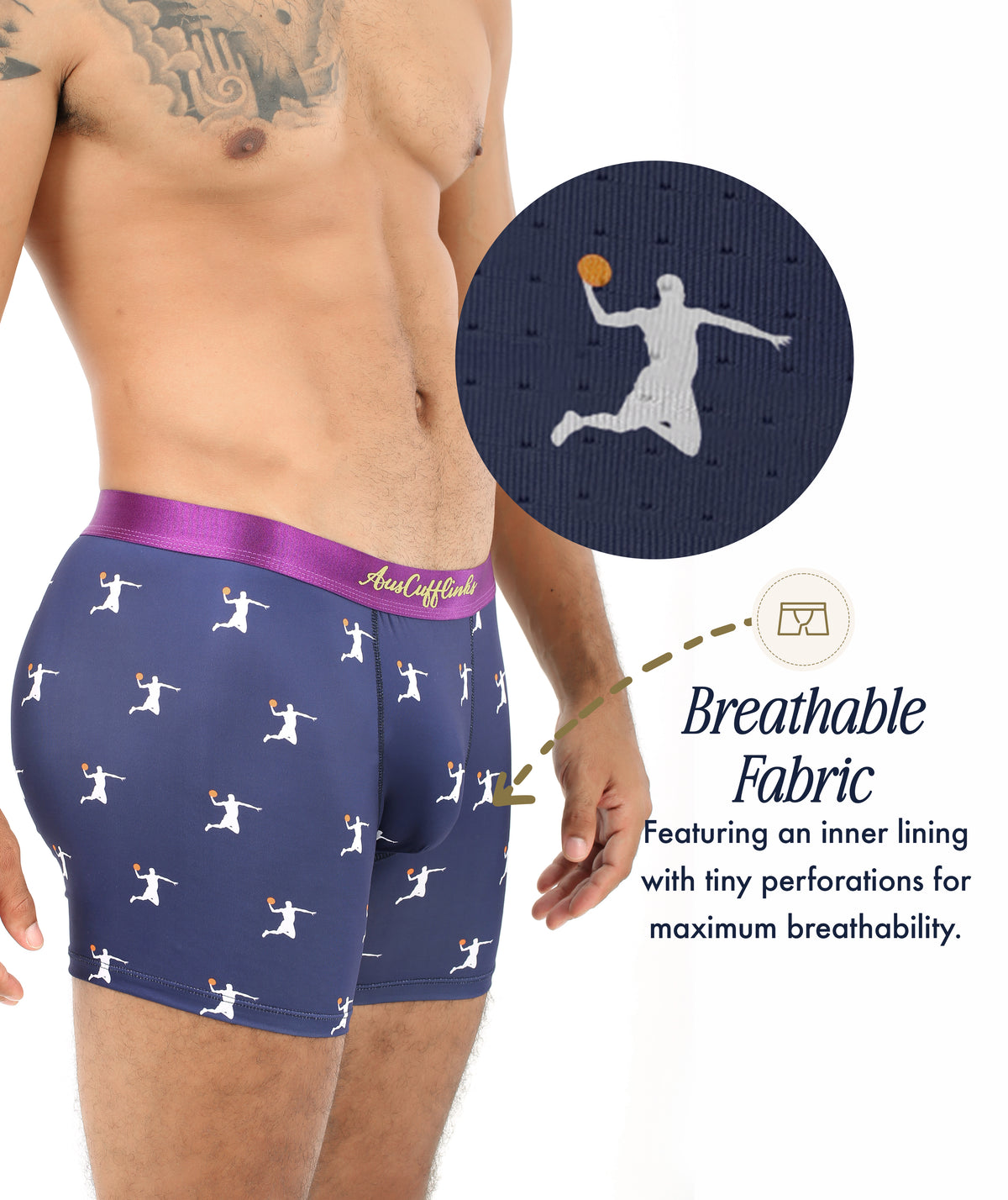 A man wears Basketball Dunk Underwear with a slam dunk print; an inset reveals its breathable, perforated fabric, and text highlights the underwearโs superior breathability.