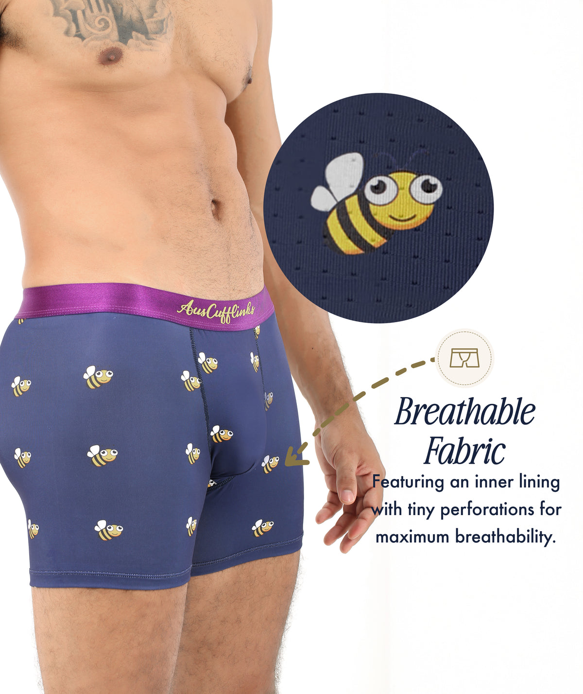 A person wears Bee Underwear with a playful bee pattern; close-up highlights tiny fabric perforations and a breathable, sustainable inner liningโideal for those seeking eco-friendly, comfortable boxers.
