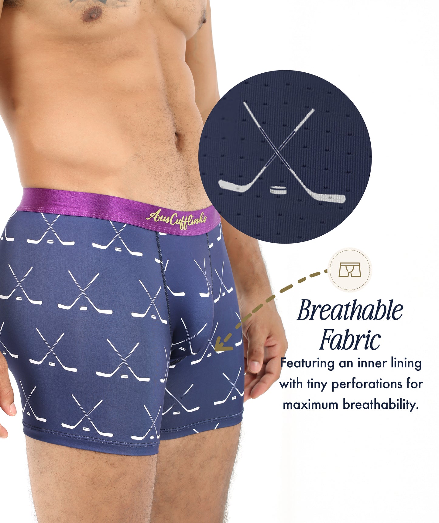 A person wears Crossed Ice Hockey Underwear featuring a hockey stick pattern. Inset shows fabric perforations, with text noting these boxers are breathable and moisture-wicking—making them the ideal hockey gift.