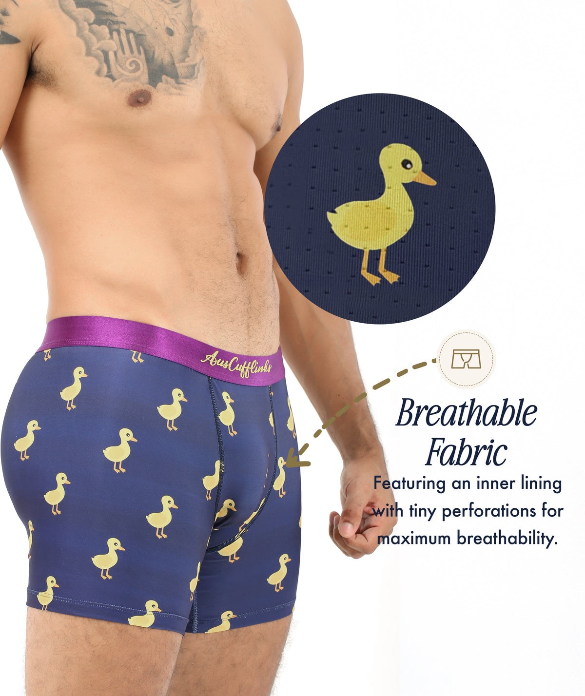 A man models blue Duck Underwear featuring a playful yellow duck print; an inset reveals tiny fabric perforations for breathability. Fun and quirky, Duck Underwear offers ventilated comfort—making it a delightful, comfortable gift.