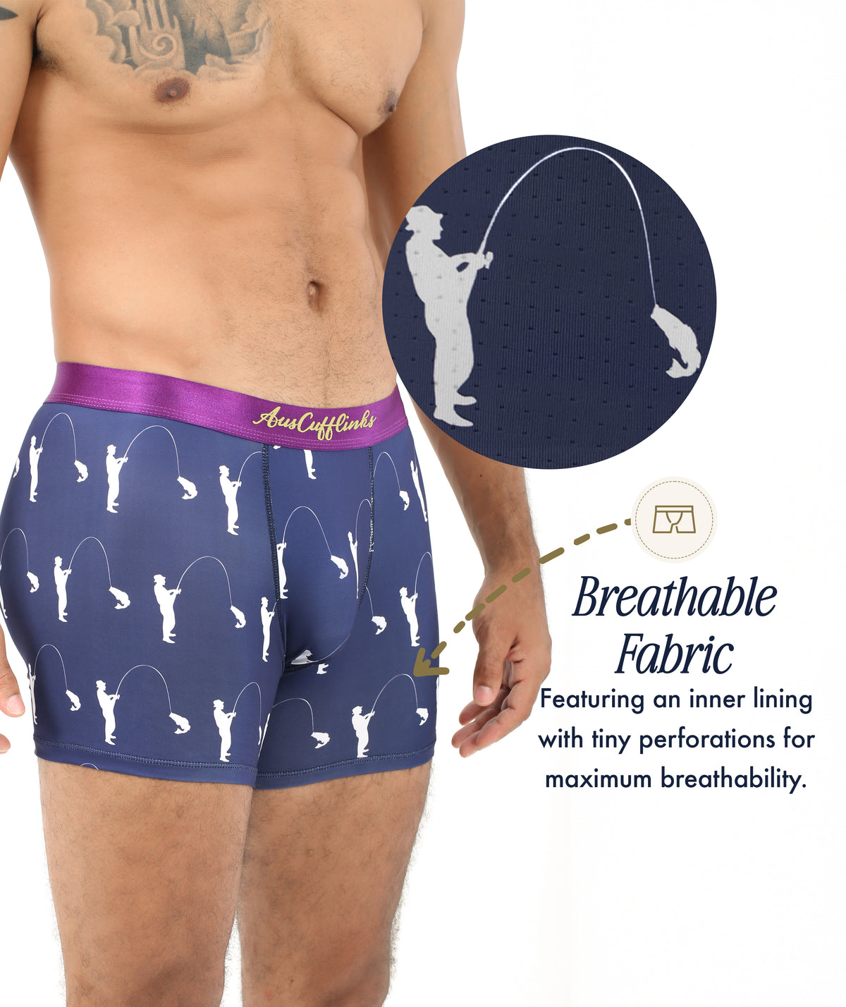 Man wearing Fisherman Underwear in navy blue with a pink waistband and white fishing silhouettes, featuring moisture-wicking, breathable fabric and a perforated inner lining for added airflow.