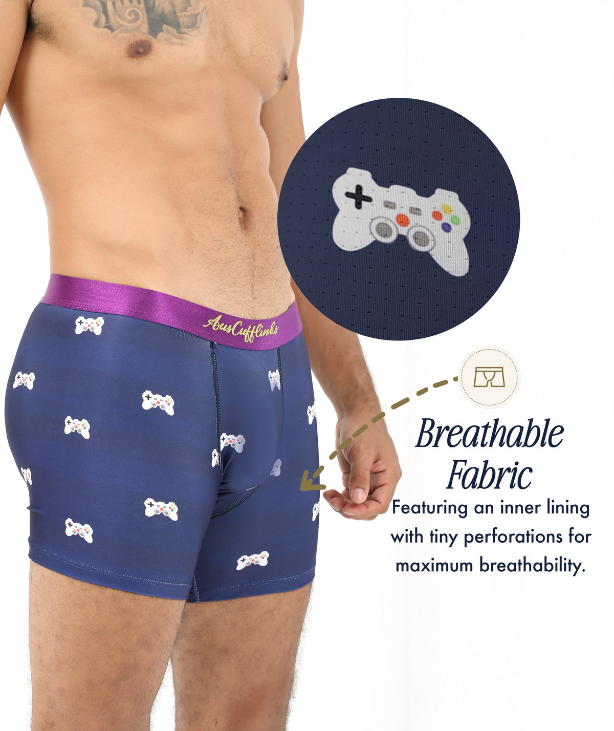 A person is wearing Game Controller Underwear in navy, featuring game controller prints and showcasing its breathable fabric with a close-up of the perforated inner lining.
