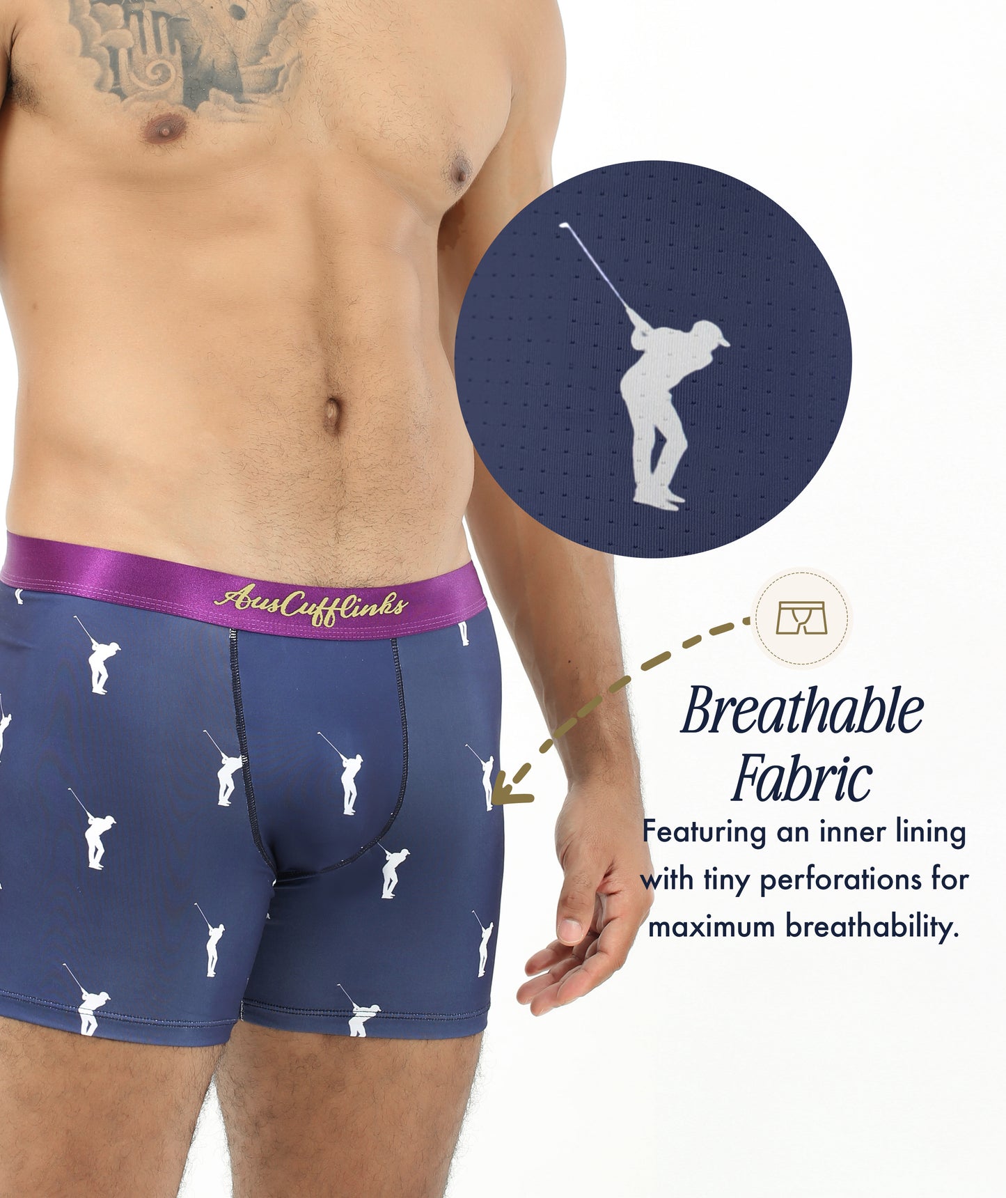 A person wears Golf Swing Underwear—navy blue, moisture-wicking boxer briefs with a golf swing pattern. An inset shows fabric perforations and reads “Breathable Fabric”—a fun gift idea for golf lovers.