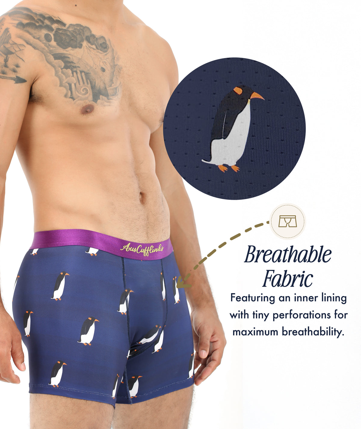 Man wearing Penguin Underwear featuring a fun penguin print and purple waistband; inset highlights the breathable, moisture-wicking fabric with perforations for ventilation—a quirky gift idea.