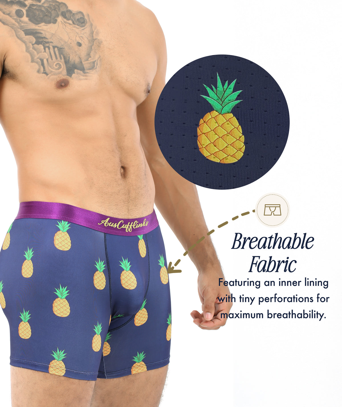 Man wearing Pineapple Underwearโblue boxer briefs with a pineapple pattern and close-up of tiny perforations. Text highlights moisture-wicking, breathable fabric and inner lining, making these the perfect tropical underwear.