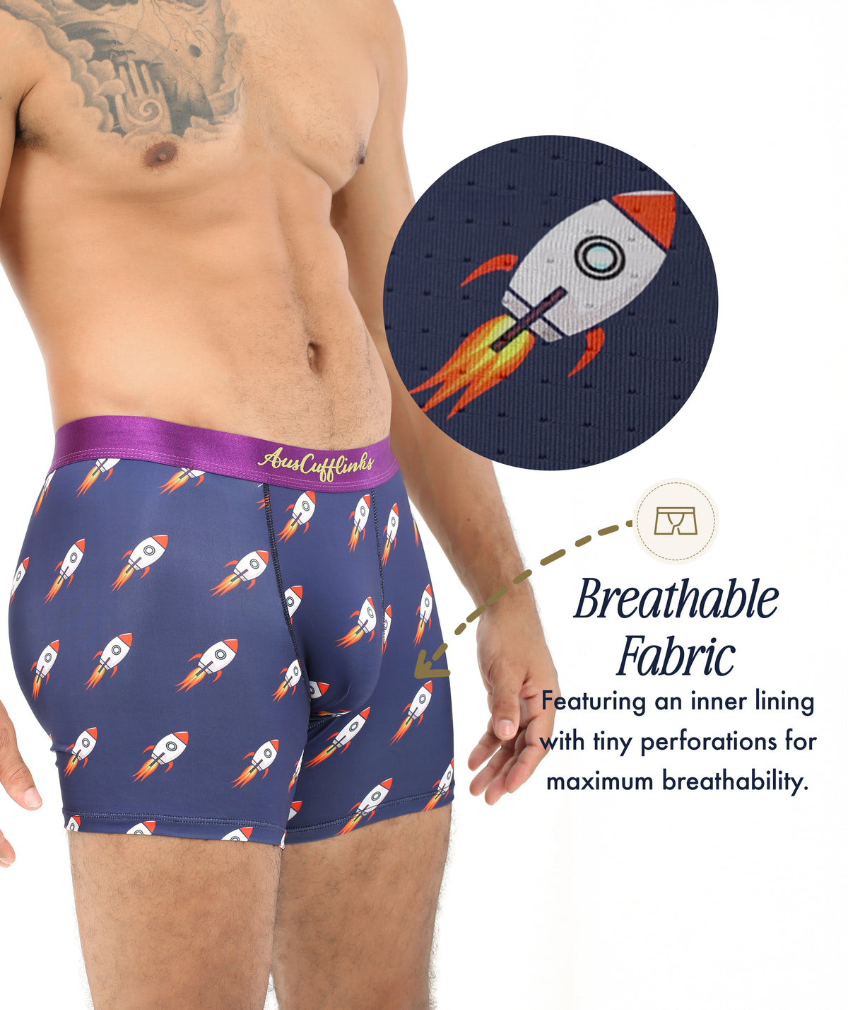 A man wears Rocket Underwear, featuring a rocket print and purple waistband. An inset shows tiny perforations in the fabric, highlighting its breathable design and comfort.