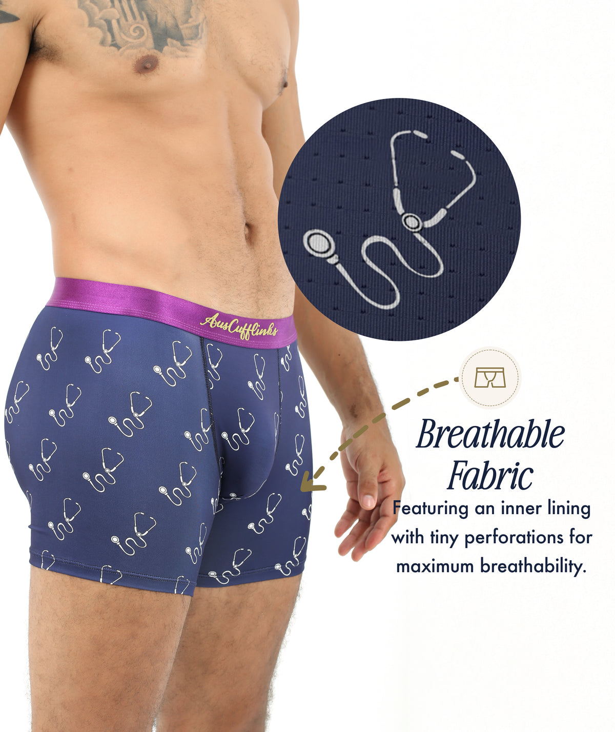 A person wears Stethoscope Underwear in navy blue; an inset shows fabric perforations, emphasizing its breathable material. Text reads: "Breathable Fabric," describing this underwear designed for medical professionals.