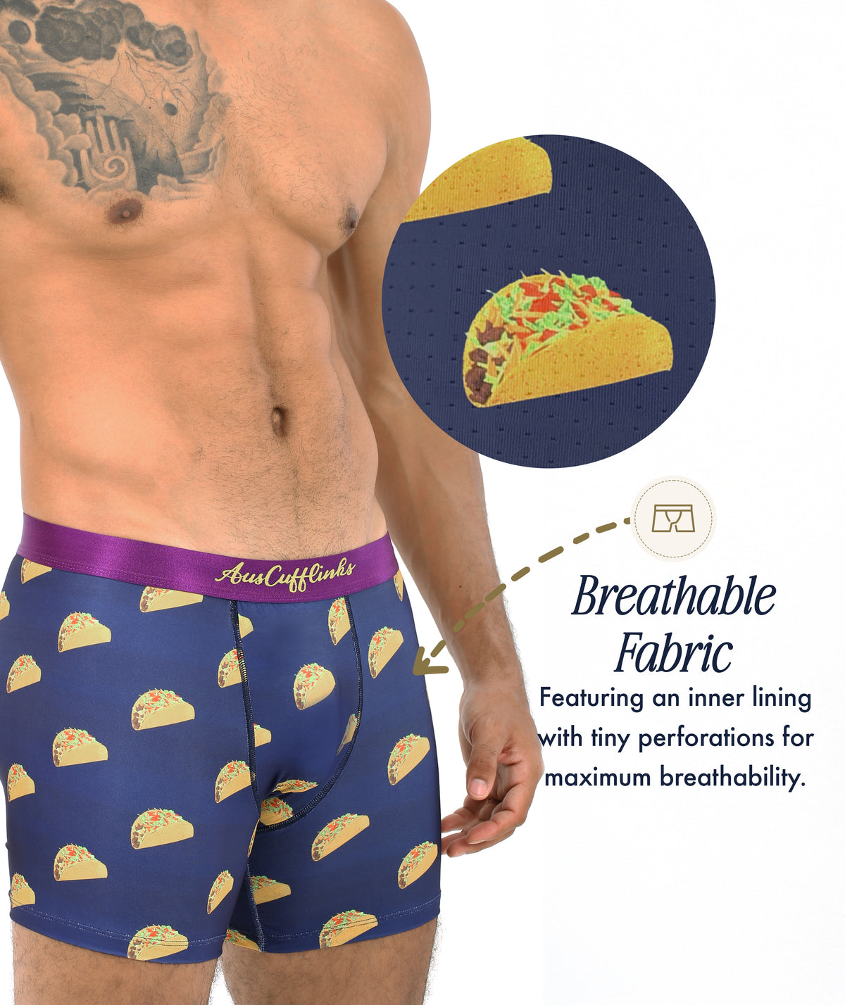 A man wears Taco Underwear with a purple waistband; an inset spotlights the fabric’s perforations for breathability. Text reads "Breathable Fabric," highlighting the fun, novelty features of Taco Underwear.