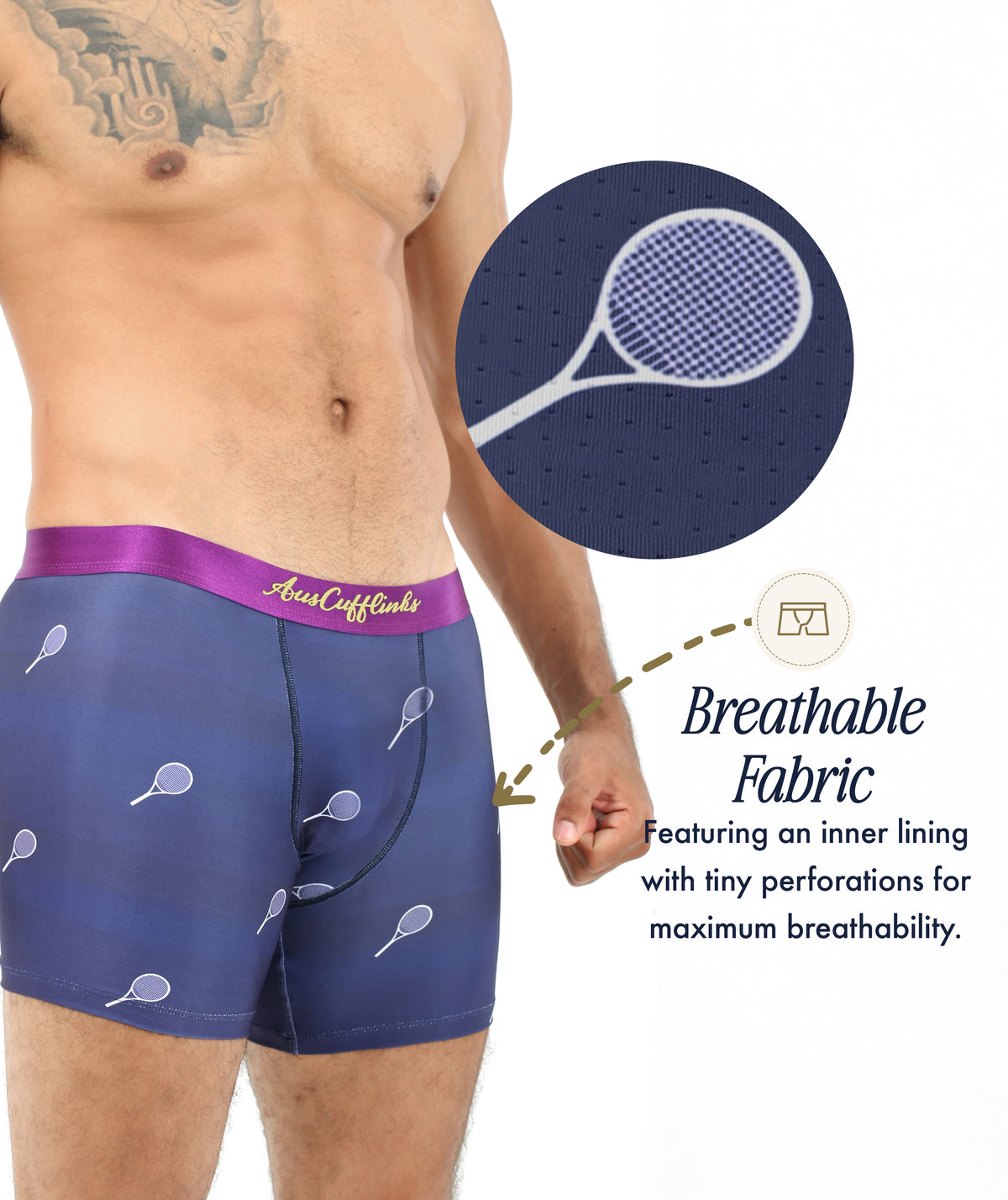 A person wears navy Tennis Underwear with a racket print; an inset displays the fabric’s tiny perforations, emphasizing this boxer’s breathable, moisture-wicking design.
