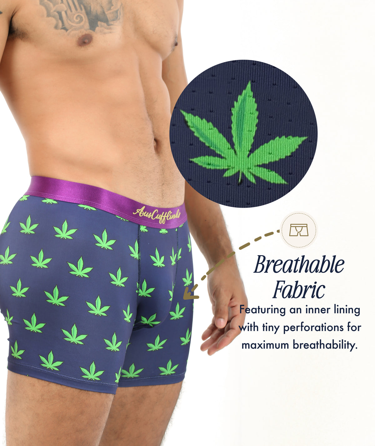Someone wears Weed Underwear with a green weed leaf print and purple waistband, showcasing the breathable fabric through close-up shots of the material's tiny perforations.