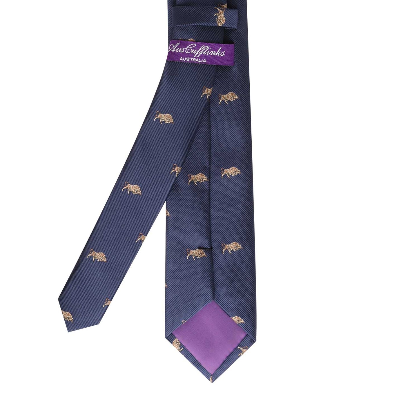 A navy blue Mens Bull Tie embellished with a pattern of small embroidered tigers exudes determination, while a purple label reading "Austen Hinks Australia" adds a touch of power.