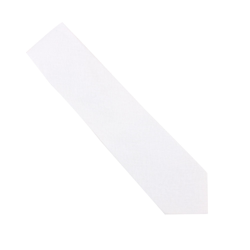 The Classic White Cotton Skinny Tie, ideal for formal events, is showcased on a crisp white background and elegantly angled from top left to bottom right.