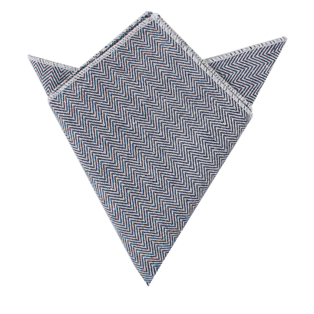Navy Blue Herringbone Skinny Cotton Tie & Pocket Square Set
