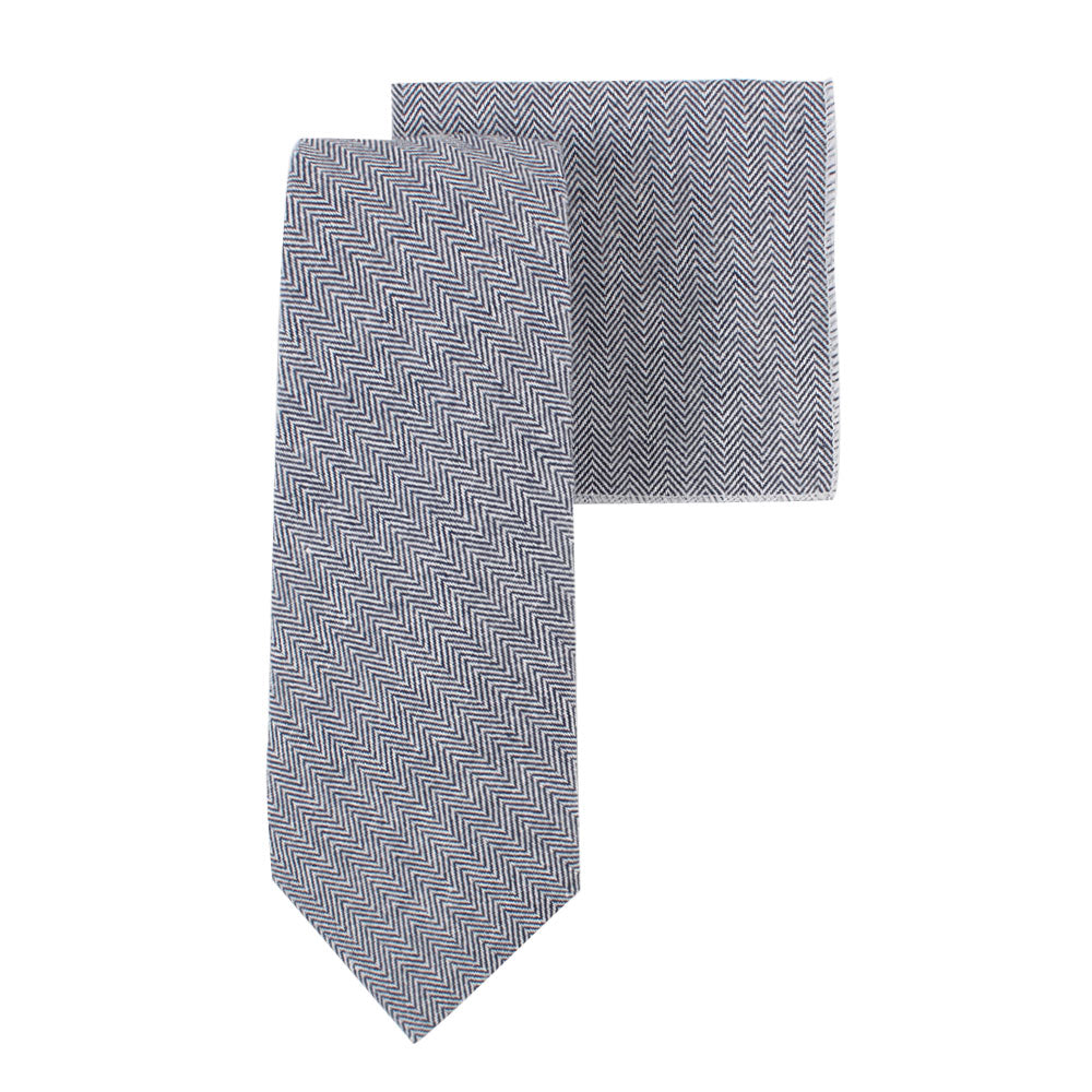 Navy Blue Herringbone Skinny Cotton Tie & Pocket Square Set