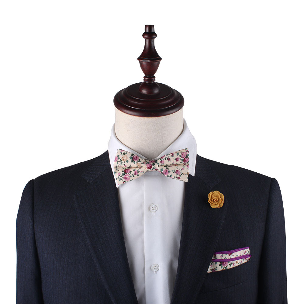 Pastel Pink Rose Floral Cotton Bow Tie & Pocket Square Set