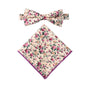 The Pastel Pink Rose Floral Cotton Bow Tie & Pocket Square Set, featuring a floral design on a white background, makes a perfect wedding accessory.