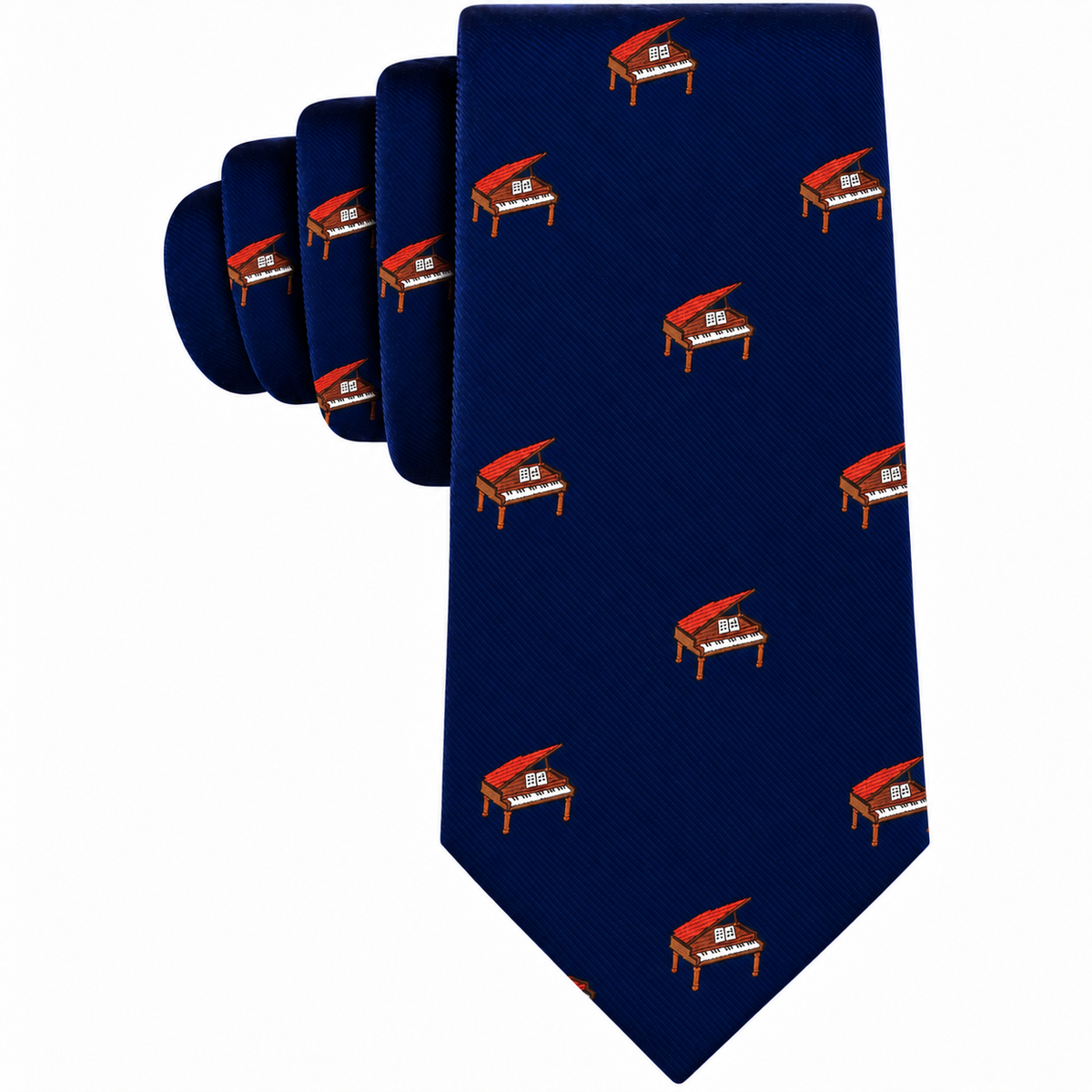 Dark blue Piano Skinny Tie with a repeating pattern of small grand pianos.