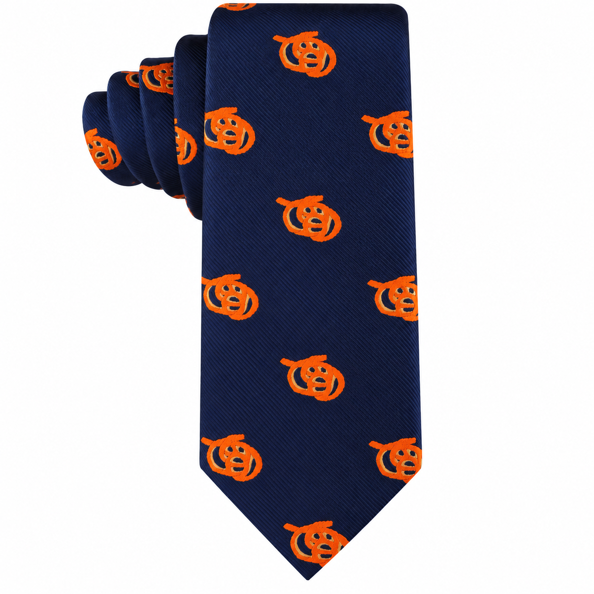 Navy blue skinny tie featuring a repeating pattern of orange pretzels, styled as a Pretzel Skinny Tie.