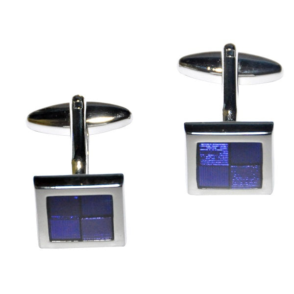 The Purple Quadrant Cufflinks, featuring silver tones and square blue panels with a subtle grid pattern, are ideal for formal occasions. These elegant accessories add sophistication to any outfit.