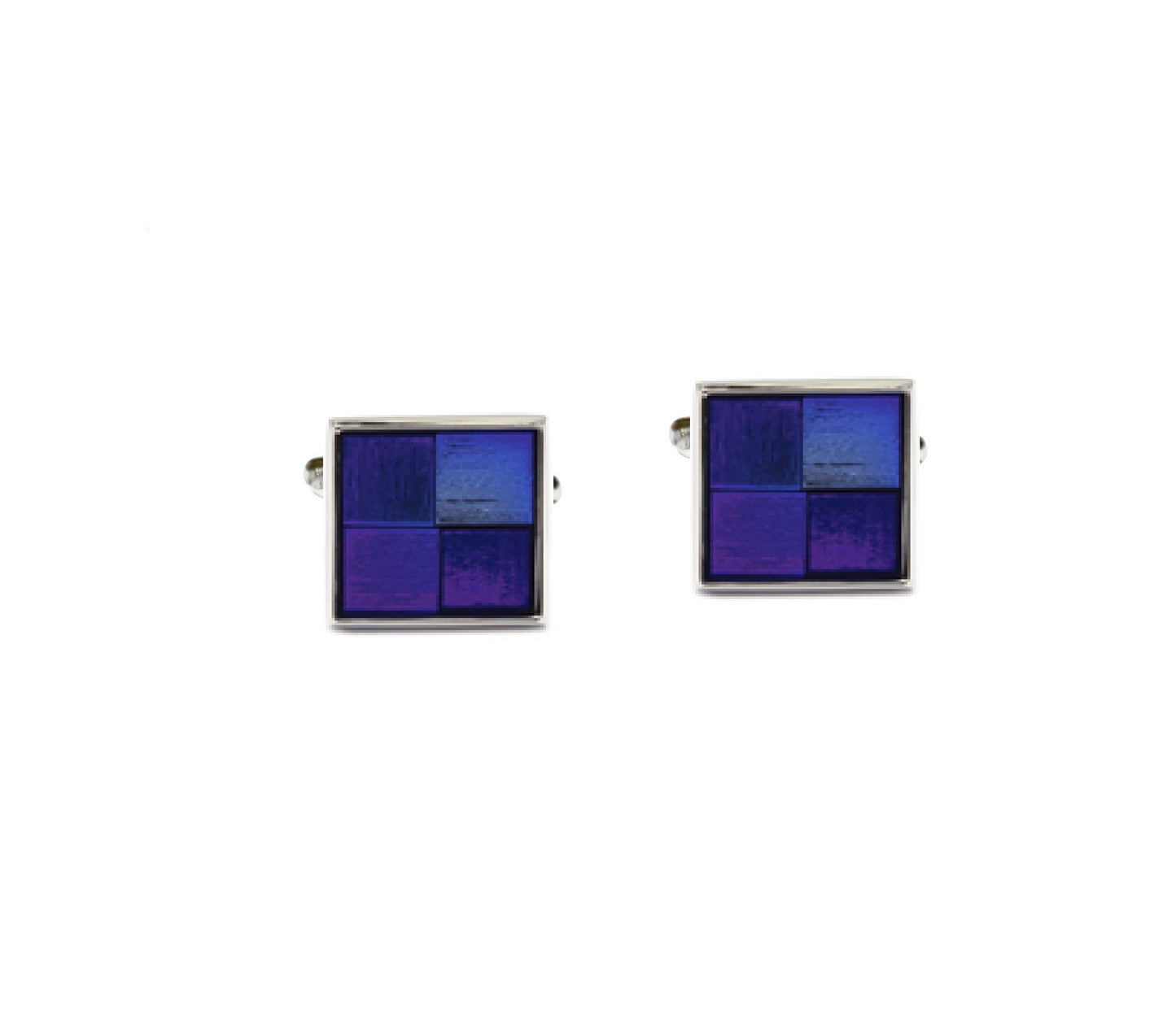 The Purple Quadrant Cufflinks by AusCufflinks showcase a striking geometric design in purple and blue on silver-hued metal, ideal for formal events to enhance elegance against a white backdrop.