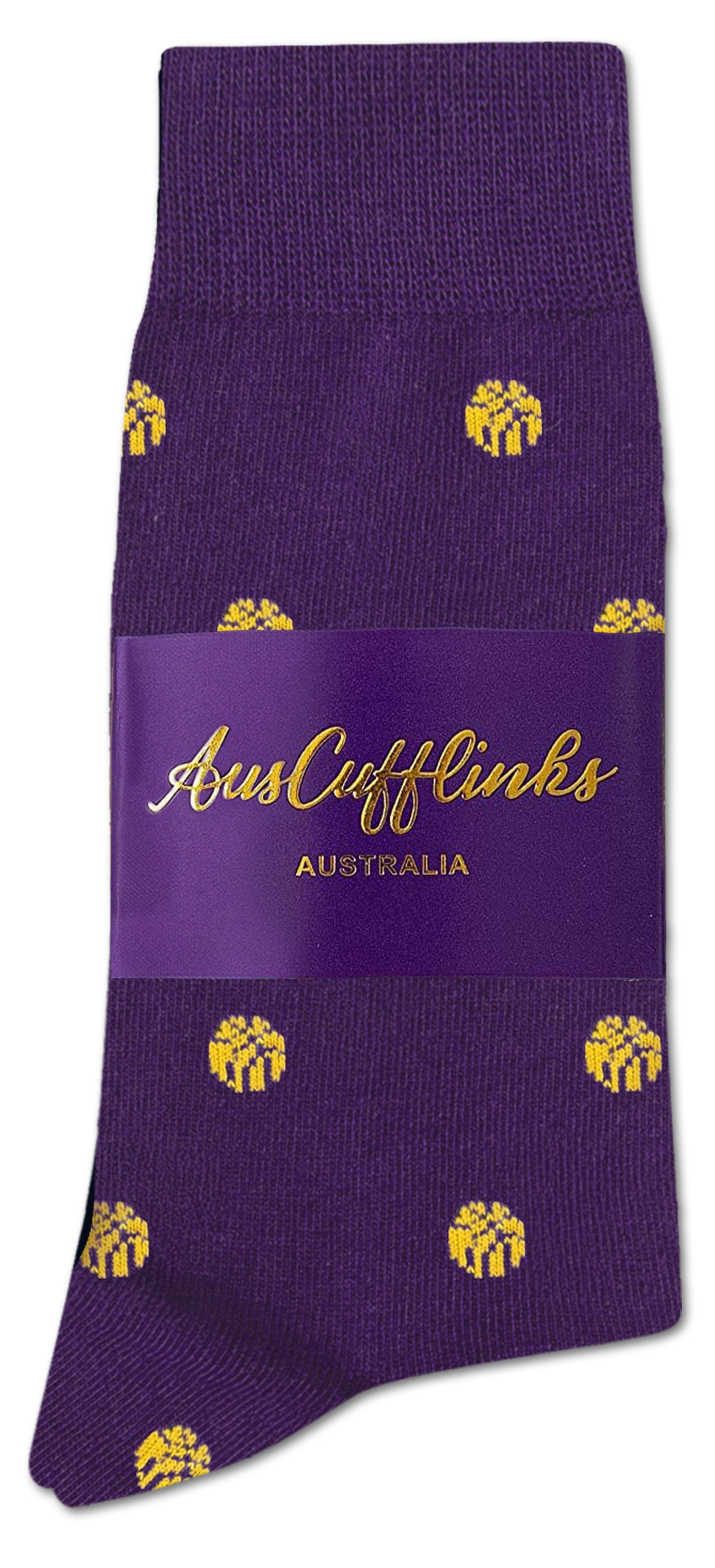 Yellow Basketball Socks: A breathable pair of purple socks featuring yellow dot patterns inspired by NBA colors, packaged with a purple AusCuffLinks Australia label.